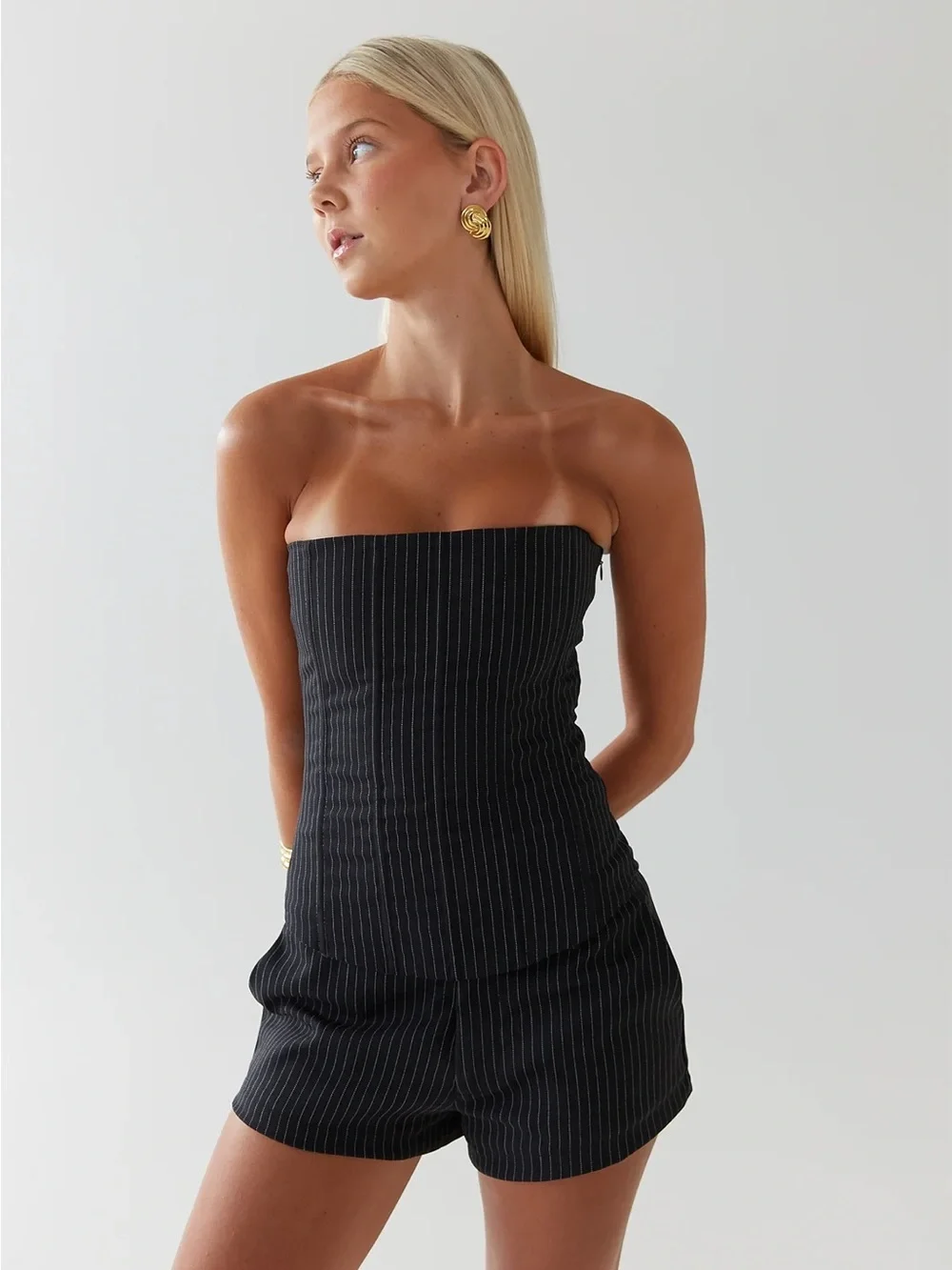 Strapless Pinstripe Set - Black - Picture 1 of 3